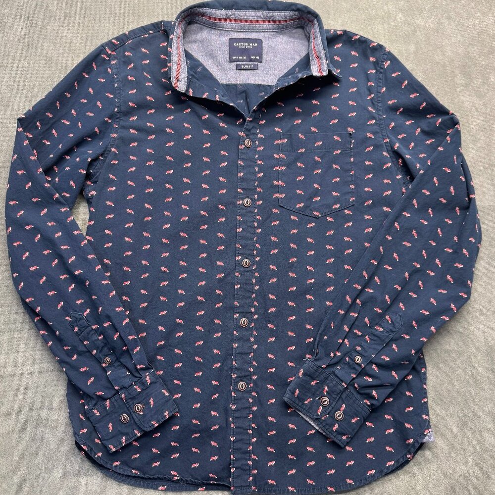Cactus Man Ricky Singh Men’s Medium Slim Fit Navy Fox Print Button Down Shirt